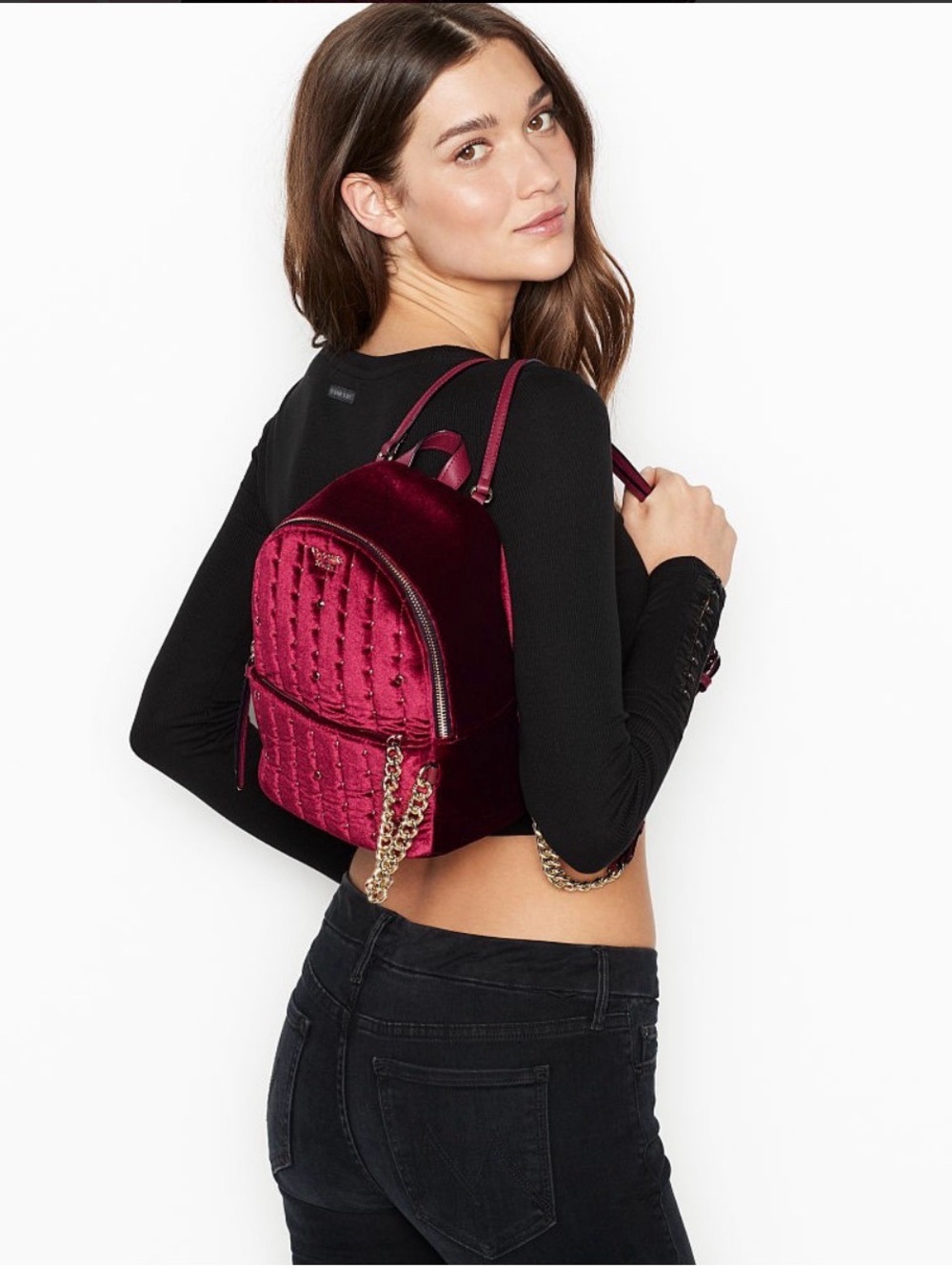 Victoria's Secret Luxury Burgundy Quilted Stud Velvet Mini Backpack